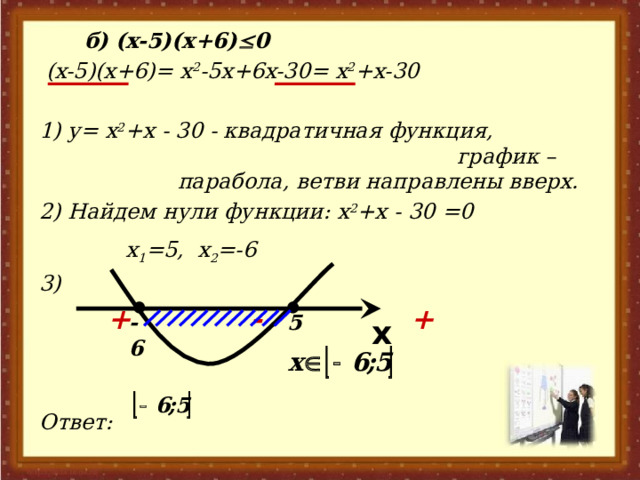  б)  (x-5)(x+6)  0  (x-5)(x+6)= x 2 -5x+6x-30= x 2 +x-30  1) y= x 2 +x - 30 - квадратичная функция, график –парабола, ветви направлены вверх. 2) Найдем нули функции: x 2 +x - 30 =0   x 1 =5, x 2 =-6 3)  + - +   Ответ: -6  5 x 