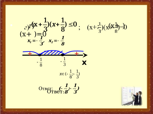    г ) ; (х+ )(х+ )=0   Ответ: - + + x 