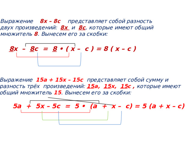 Выражение 8х – 8с представляет собой разность двух произведений:  8х  и  8с ,  которые имеют общий множитель 8 . Вынесем его за скобки:   8 х – 8 с = 8 • ( х – с ) = 8 ( х – с ) Выражение 15а + 15х – 15с представляет собой сумму и разность трёх произведений: 15 а, 15 х, 15 с , которые имеют общий множитель  15 . Вынесем его за скобки:   5а + 5х – 5с = 5 • (а + х – с) = 5 (а + х – с) 