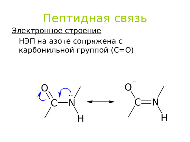 Пептидная связь Электронное строение  НЭП на азоте сопряжена с карбонильной группой (С=О) 