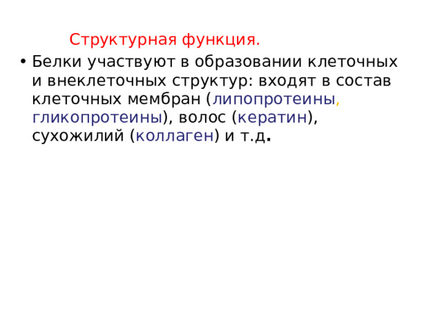  Структурная функция. Белки участвуют в образовании клеточных и внеклеточных структур: входят в состав клеточных мембран ( липопротеины , гликопротеины ), волос ( кератин ), сухожилий ( коллаген ) и т.д . 