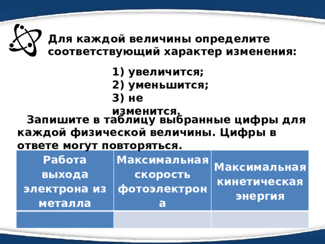 Для каждой величины определите соответствующий характер изменения: 1) увеличится; 2) уменьшится; 3) не изменится. Запишите в таблицу выбранные цифры для каждой физической величины. Цифры в ответе могут повторяться. Работа выхода   электрона из металла Максимальная Максимальная скорость фотоэлектрона кинетическая энергия 