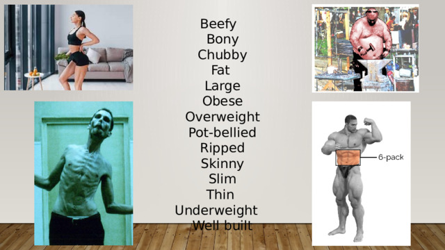 Beefy Bony Chubby Fat Large Obese Overweight Pot-bellied Ripped Skinny Slim Thin Underweight Well built 