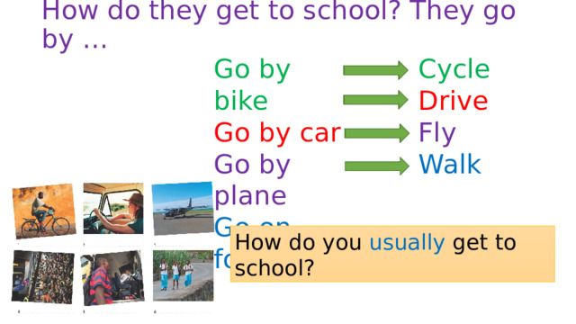 How do they get to school? They go by … Go by bike Cycle Drive Go by car Go by plane Fly Walk Go on foot How do you usually get to school? 