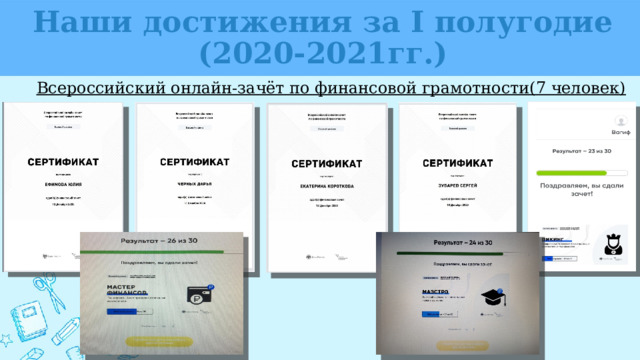 Наши достижения за Ⅰ полугодие (2020-2021гг.) Всероссийский онлайн-зачёт по финансовой грамотности(7 человек) 