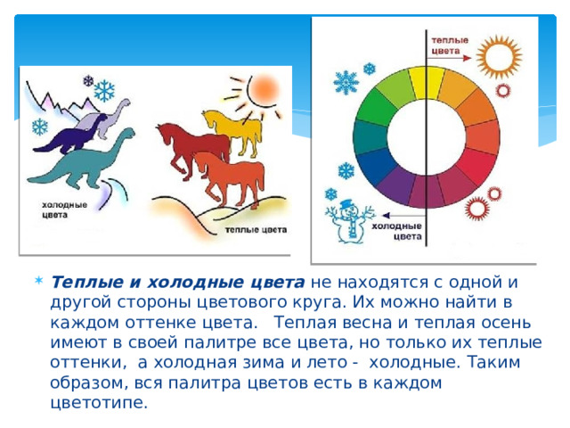 Теплые и холодные цвета не находятся с одной и другой стороны цветового круга. Их можно найти в каждом оттенке цвета.   Теплая весна и теплая осень имеют в своей палитре все цвета, но только их теплые оттенки,  а холодная зима и лето -  холодные. Таким образом, вся палитра цветов есть в каждом цветотипе. 