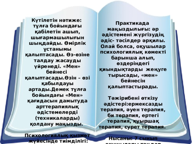 Күтілетін нәтиже: тұлға бойындағы қабілетін ашып, шығармашылығын шыңдайды. Өмірлік ұстанымы қалыптасады. Өз-өзіне талдау жасауды үйренеді. «Мен» бейнесі қалыптасады.Өзін – өзі қабылдауы артады.Демек тұлға бойындағы «Мен» қағидасын дамытуда арттерапиялық әдістемелерді (техникаларды) қолдану маңызды.   Психологиялық қызмет жүйесінде тиімділігі: оқушылардың қабілеттілігін арттыру үшін жинақталған әдістемелер жүйесі құрылады.  Практикада маңыздылығы: әр әдістемені жүргізудің әдіс- тәсілдер әрқилы. Олай болса, оқушылар психологиялық көмекті барынша алып, өздеріндегі қиындықтарды жеңуге тырысады, «мен» бейнесін қалыптастырады.   Тәжірибені өткізу әдістері:ермексазды терапия, әуен терапия, би терапия, ертегі терапия, қуыршақ терапия, сурет терапия.   Нысаны: 7 сынып оқушылары таңдап алынды. 