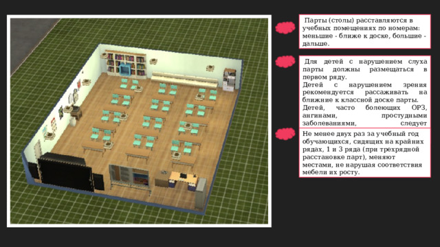   Парты (столы) расставляются в учебных помещениях по номерам: меньшие - ближе к доске, большие - дальше.    Для детей с нарушением слуха парты должны размещаться в первом ряду. Детей с нарушением зрения рекомендуется рассаживать на ближние к классной доске парты. Детей, часто болеющих ОРЗ, ангинами, простудными заболеваниями, следует рассаживать дальше от наружной стены. Не менее двух раз за учебный год обучающихся, сидящих на крайних рядах, 1 и 3 ряда (при трехрядной расстановке парт), меняют местами, не нарушая соответствия мебели их росту. 