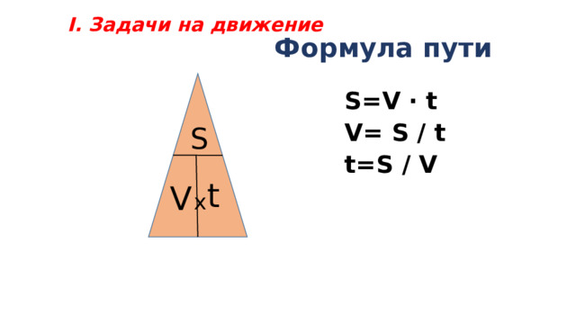 I. Задачи на движение  Формула пути  S=V ∙ t  V= S / t  t=S / V S t V x 