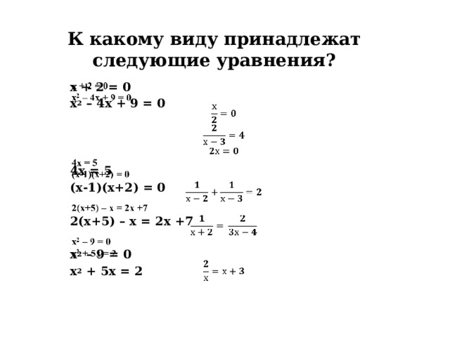 К какому виду принадлежат следующие уравнения?   х + 2 = 0   х 2 – 4х + 9 = 0    4х = 5 (х-1)(х+2) = 0  2(х+5) – х = 2х +7  х 2 – 9 = 0 х 2 + 5х = 2  