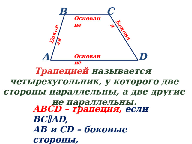 Боковая Боковая С В Основание D А Основание Трапецией называется четырехугольник, у которого две стороны параллельны, а две другие не параллельны. АВСD – трапеция, если ВС∥AD, АВ и СD – боковые стороны, ВС и AD – основания. 