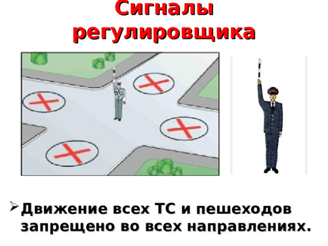 Сигналы регулировщика Движение всех ТС и пешеходов запрещено во всех направлениях.  