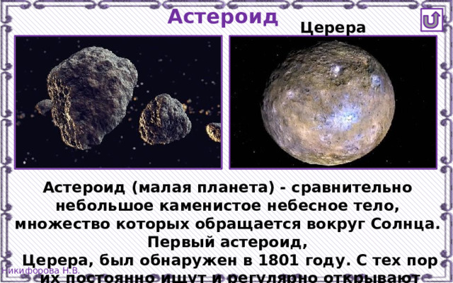 Астероид Церера Астероид (малая планета) - сравнительно небольшое каменистое небесное тело, множество которых обращается вокруг Солнца. Первый астероид,  Церера, был обнаружен в 1801 году. С тех пор  их постоянно ищут и регулярно открывают новые. 