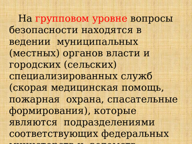  На  групповом  уровне  вопросы  безопасности  находятся  в  ведении  муниципальных (местных)  органов  власти  и городских  (сельских)  специализированных  служб  (скорая  медицинская  помощь,  пожарная  охрана, спасательные формирования),  которые являются  подразделениями  соответствующих  федеральных  министерств  и  ведомств. 