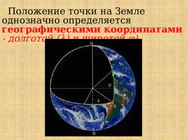  Положение точки на Земле однозначно определяется географическими координатами - долготой (λ) и широтой φ) . 