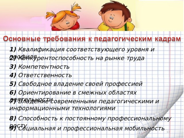 1) Квалификация соответствующего уровня и профиля 2) Конкурентоспособность на рынке труда 3) Компетентность 4) Ответственность 5) Свободное владение своей профессией 6) Ориентирование в смежных областях деятельности 7) Владение современными педагогическими и информационными технологиями 8) Способность к постоянному профессиональному росту 9) Социальная и профессиональная мобильность  