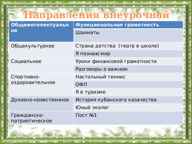 Направления внеурочной деятельности           и другие. Общеинтелектуальное Функциональная грамотность Общекультурное Шахматы Страна детства (театр в школе) Я познаю мир Социальное Уроки финансовой грамотности Разговоры о важном Спортивно-оздоровительное Настольный теннис ОФП Я в туризме Духовно-нравственное История кубанского казачества Юный эколог Гражданско-патриотическое Пост №1  