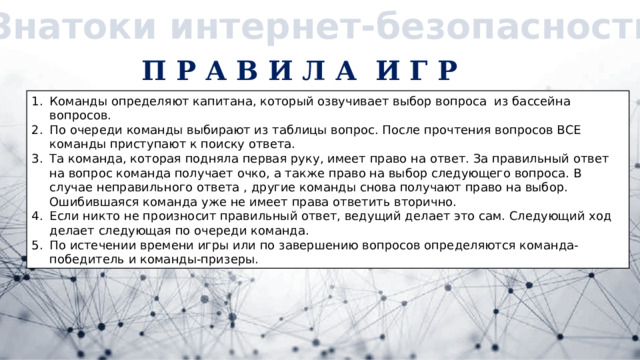 Знатоки интернет-безопасности П Р А В И Л А И Г Р Ы Команды определяют капитана, который озвучивает выбор вопроса из бассейна вопросов. По очереди команды выбирают из таблицы вопрос. После прочтения вопросов ВСЕ команды приступают к поиску ответа. Та команда, которая подняла первая руку, имеет право на ответ. За правильный ответ на вопрос команда получает очко, а также право на выбор следующего вопроса. В случае неправильного ответа , другие команды снова получают право на выбор. Ошибившаяся команда уже не имеет права ответить вторично. Если никто не произносит правильный ответ, ведущий делает это сам. Следующий ход делает следующая по очереди команда. По истечении времени игры или по завершению вопросов определяются команда-победитель и команды-призеры. 