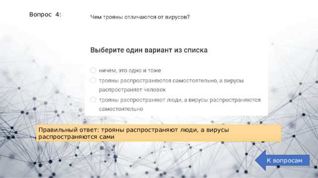 Вопрос 4: Правильный ответ: трояны распространяют люди, а вирусы распространяются сами К вопросам 