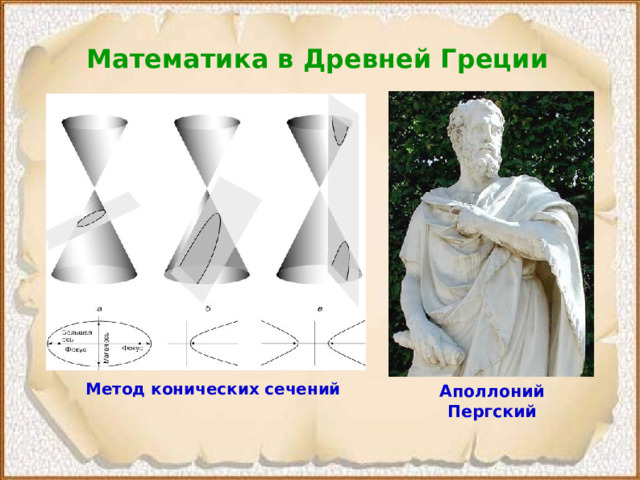 Математика в Древней Греции  Метод конических сечений Аполлоний Пергский  
