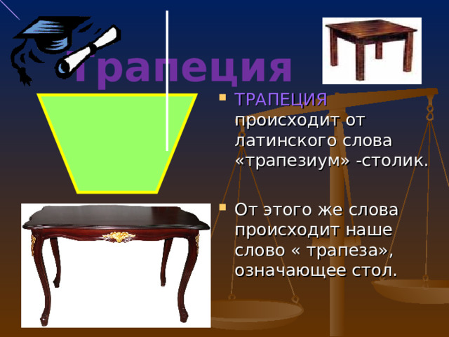 Трапеция ТРАПЕЦИЯ происходит от латинского слова «трапезиум» -столик.  От этого же слова происходит наше слово « трапеза», означающее стол. 