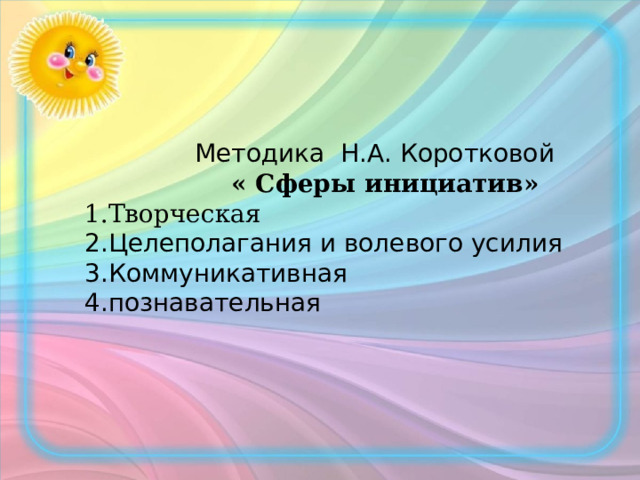  Методика Н.А. Коротковой  « Сферы инициатив» Творческая Целеполагания и волевого усилия Коммуникативная познавательная 