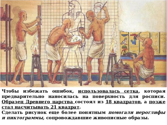 Чтобы избежать ошибок, использовалась сетка , которая предварительно наносилась на поверхность для росписи. Образец Древнего царства состоял из 18 квадратов , а позже стал насчитывать 21 квадрат . Сделать рисунок еще более понятным помогали иероглифы и пиктограммы, сопровождавшие живописные образы. 