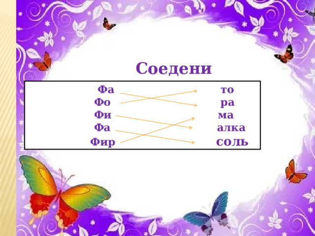   Соедени слоги   Фа то  Фо ра  Фи ма  Фа алка  Фир соль Форфор  