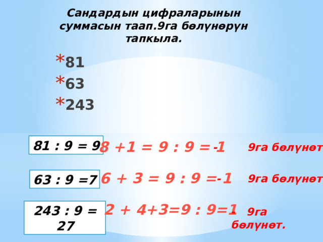 Сандардын цифраларынын суммасын таап.9га бөлүнөрүн тапкыла. 81 63 243 81 : 9 = 9 8 +1 = 9 : 9 = 1 - 9га бөлүнөт. 6 + 3 = 9 : 9 = 1 - 9га бөлүнөт. 63 : 9 =7 2 + 4+3=9 : 9=1 243 : 9 = 27 - 9га бөлүнөт. 