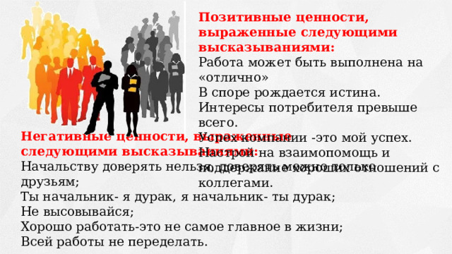 Позитивные ценности, выраженные следующими высказываниями: Работа может быть выполнена на «отлично» В споре рождается истина. Интересы потребителя превыше всего. Успех компании -это мой успех. Настрой на взаимопомощь и поддержание хороших отношений с коллегами. Негативные ценности, выраженные следующими высказываниями: Начальству доверять нельзя, доверять можно только друзьям; Ты начальник- я дурак, я начальник- ты дурак; Не высовывайся; Хорошо работать-это не самое главное в жизни; Всей работы не переделать. 