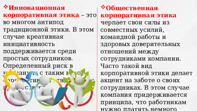 Инновационная корпоративная этика – это во многом антипод традиционной этики. В этом случае креативная инициативность поддерживается среди простых сотрудников. Определенный риск в компаниях с таким видом корпоративной этики всегда присутствует. Общественная корпоративная этика  черпает свои силы из совместных усилий, командной работы и здоровых доверительных отношений между сотрудниками компании. Часто такой вид корпоративной этики делает акцент на заботе о своих сотрудниках. В этом случае компания придерживается принципа, что работникам нужно платить немного больше, чем обычно, следует также поощрять и вознаграждать людей за достижения. 
