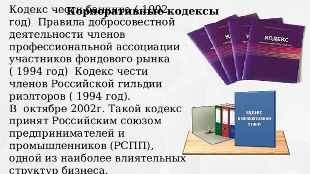 Кодекс чести банкира ( 1992 год) Правила добросовестной деятельности членов профессиональной ассоциации участников фондового рынка ( 1994 год) Кодекс чести членов Российской гильдии риэлторов ( 1994 год). В октябре 2002г. Такой кодекс принят Российским союзом предпринимателей и промышленников (РСПП), одной из наиболее влиятельных структур бизнеса. Корпоративные кодексы 
