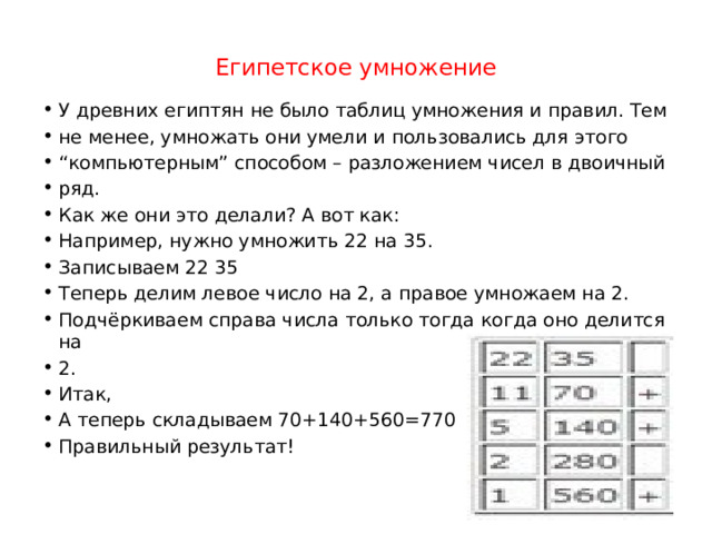  Египетское умножение   У древних египтян не было таблиц умножения и правил. Тем не менее, умножать они умели и пользовались для этого “ компьютерным” способом – разложением чисел в двоичный ряд. Как же они это делали? А вот как: Например, нужно умножить 22 на 35. Записываем 22 35 Теперь делим левое число на 2, а правое умножаем на 2. Подчёркиваем справа числа только тогда когда оно делится на 2. Итак, А теперь складываем 70+140+560=770 Правильный результат! 
