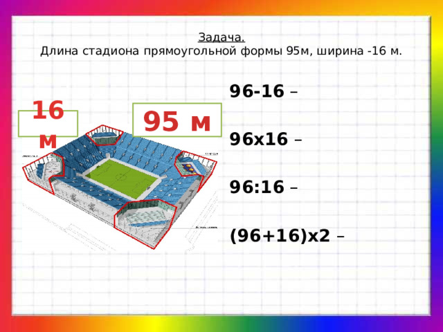 Задача.  Длина стадиона прямоугольной формы 95м, ширина -16 м.   96-16  – 96х16  – 96:16  – (96+16)х2  – 95 м 16 м 