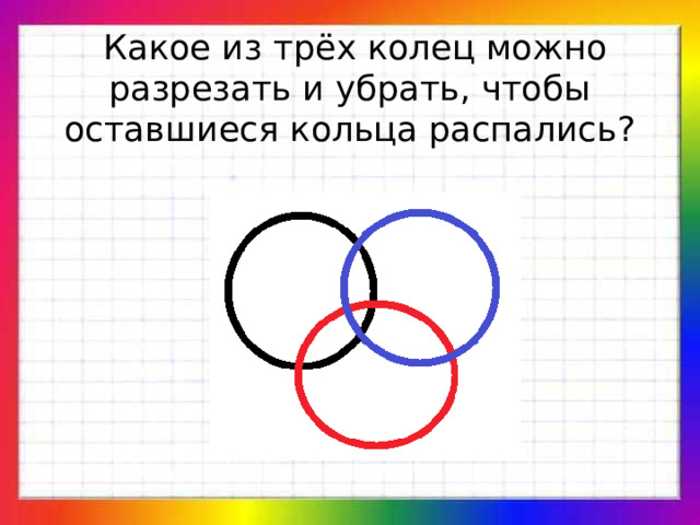  Какое из трёх колец можно разрезать и убрать, чтобы оставшиеся кольца распались?   