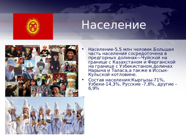 Население Население-5 ,5 млн человек.Большая часть населения сосредоточена в предгорных долинах—Чуйской на границе с Казахстаном и Ферганской на границе с Узбекистаном,долинах Нарына и Таласа,а также в Иссык-Кульской котловине. Состав населения:Кыргызы-71%, Узбеки-14,3%, Русские -7,8%, другие – 6,9%   