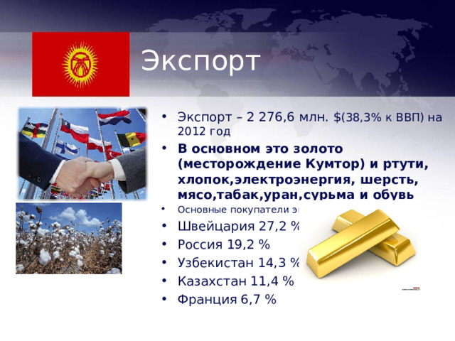 Экспорт Экспорт – 2 276,6 млн. $ (38,3% к ВВП) на 2012 год В основном это золото (месторождение Кумтор) и ртути , хлопок , электроэнергия , шерсть , мясо , табак , уран , сурьма и обувь Основные покупатели экспорта : Швейцария 27,2 % Россия 19,2 % Узбекистан 14,3 % Казахстан 11,4 % Франция 6,7 % Экспорт – 2 276,6 млн. $ (38,3% к ВВП) на 2012 год.(ист.НацБанк КР «Годовой отчет на 2012 год») 