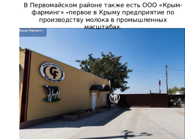 В Первомайском районе также есть ООО «Крым-фарминг» - первое в Крыму предприятие по производству молока в промышленных масштабах.   