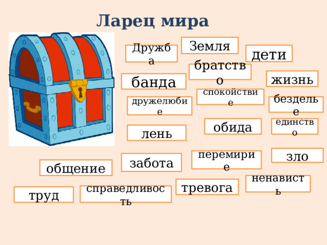 Ларец мира Земля Дружба дети братство жизнь банда спокойствие дружелюбие безделье единство обида лень зло перемирие забота общение ненависть тревога справедливость труд 