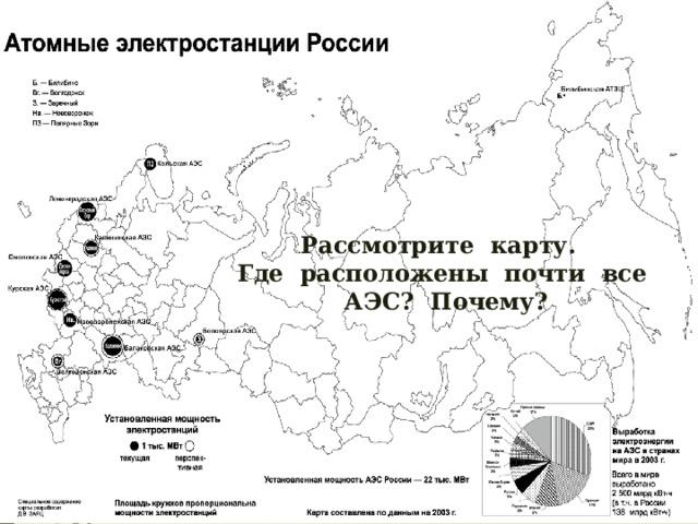 Рассмотрите карту. Где расположены почти все АЭС? Почему? 