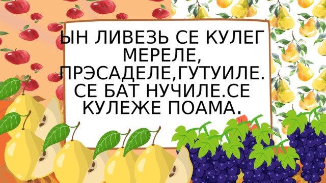 ЫН ЛИВЕЗЬ СЕ КУЛЕГ МЕРЕЛЕ, ПРЭСАДЕЛЕ,ГУТУИЛЕ. СЕ БАТ НУЧИЛЕ.СЕ КУЛЕЖЕ ПОАМА . 