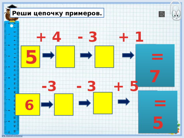 Реши цепочку примеров.  + 1  - 3  + 4  = 7  5 -3  - 3  + 5  = 5  6 