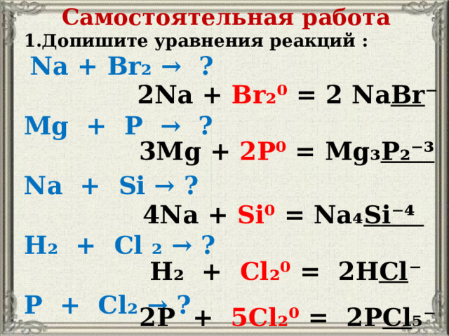 Самостоятельная работа 1.Допишите уравнения реакций :  Na + Br₂ → ?  Mg + P → ?  Na + Si → ?  H₂ + Cl ₂ → ?  P + Cl₂ → ?  2Na + Br₂⁰ = 2 Na Br ⁻ 3Mg + 2P⁰ = Mg₃ P₂⁻³  4Na + Si⁰ = Na₄ Si⁻⁴ H₂ + Cl₂⁰ = 2H Cl ⁻ 2P + 5Cl₂⁰ = 2P Cl ₅⁻ 