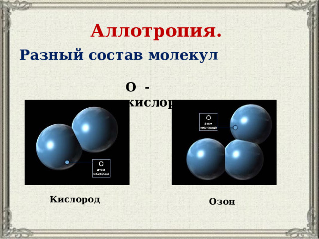 Аллотропия. Разный состав молекул О - кислород Кислород Озон 