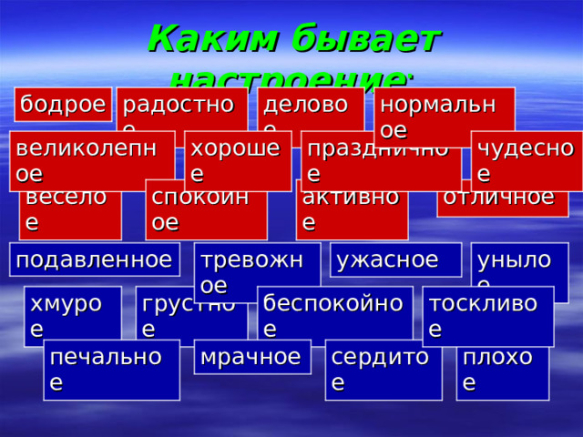 Каким бывает  настроение : радостное бодрое нормальное деловое праздничное хорошее чудесное великолепное отличное спокойное активное веселое ужасное унылое тревожное подавленное хмурое беспокойное тоскливое грустное плохое сердитое печальное мрачное 