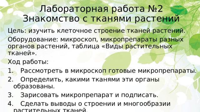 Лабораторная работа №2  Знакомство с тканями растений Цель: изучить клеточное строение тканей растений. Оборудование: микроскоп, микропрепараты разных органов растений, таблица «Виды растительных тканей». Ход работы: 1.  Рассмотреть в микроскоп готовые микропрепараты. 2.  Определить, какими тканями эти органы образованы. 3.  Зарисовать микропрепарат и подписать. 4.  Сделать выводы о строении и многообразии растительных тканей. 