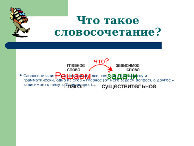 Что такое словосочетание? Словосочетание – это сочетание слов, связанных по смыслу и грамматически, одно из слов – главное (от него задаем вопрос), а другое – зависимое (к нему задаем вопрос) 