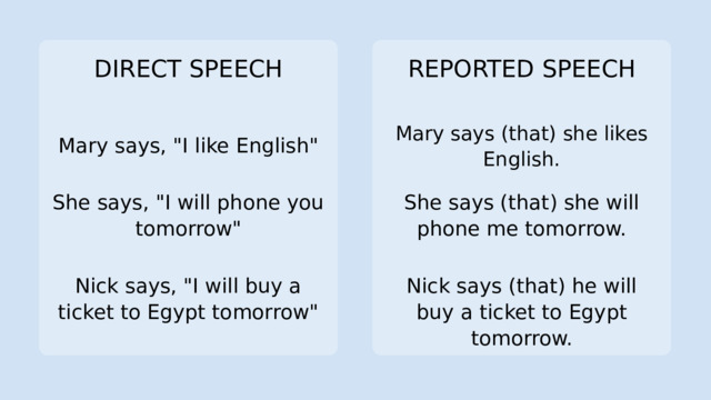 DIRECT SPEECH REPORTED SPEECH Mary says (that) she likes English. Mary says, 