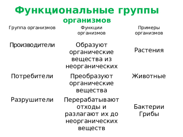 Функциональные группы организмов Группа организмов Функции Производители организмов Примеры Образуют органические вещества из неорганических Потребители Разрушители организмов Преобразуют органические вещества Перерабатывают отходы и разлагают их до неорганических веществ Растения Животные Бактерии Грибы  