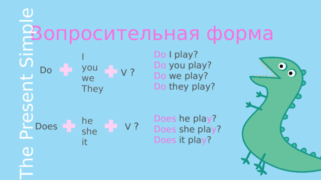 Вопросительная форма The Present Simple Do I play? Do you play? Do we play? Do they play? Does he pla y ? Does she pla y ? Does it pla y ? I you we They he she it Do V ? V ? Does 